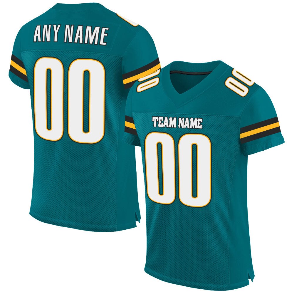 Custom Teal White-Gold Mesh Authentic Football Jersey photo 1