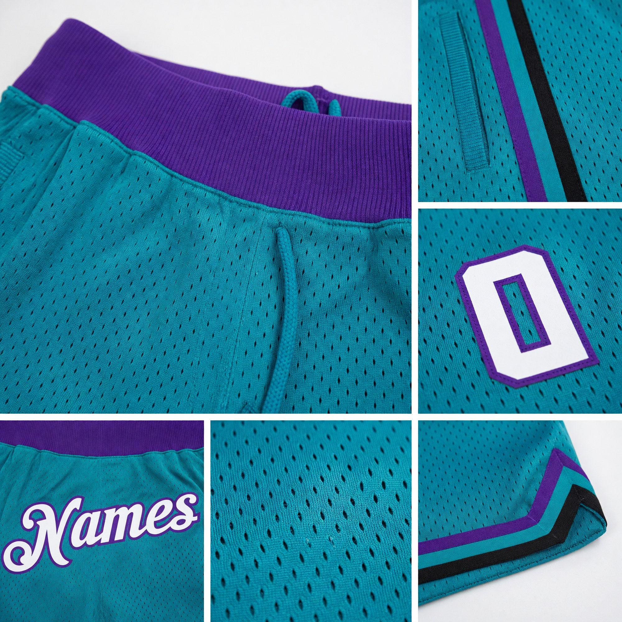 Custom Teal White-Purple Authentic Throwback Basketball Shorts detail