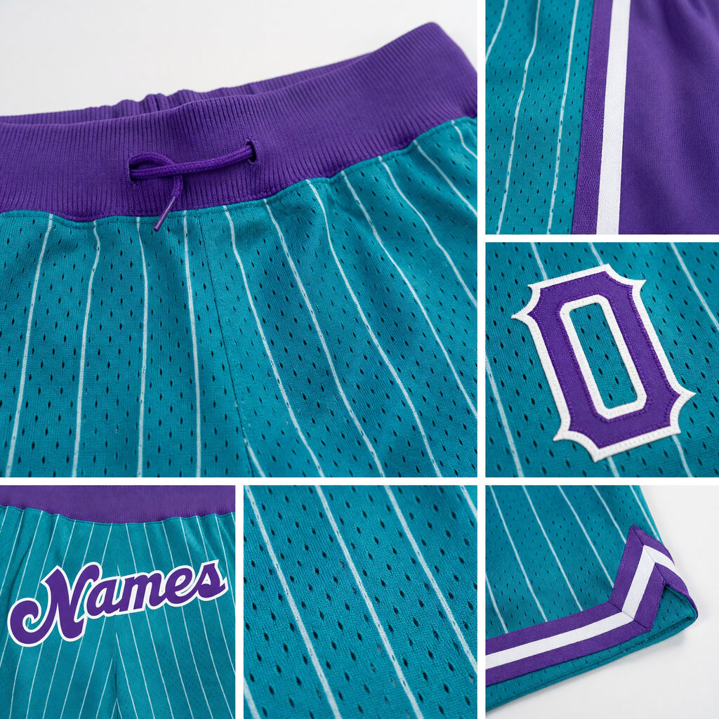 Custom Teal White Pinstripe Purple-White Authentic Basketball Shorts detail