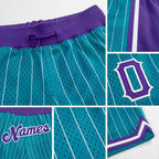 Custom Teal White Pinstripe Purple-White Authentic Basketball Shorts detail