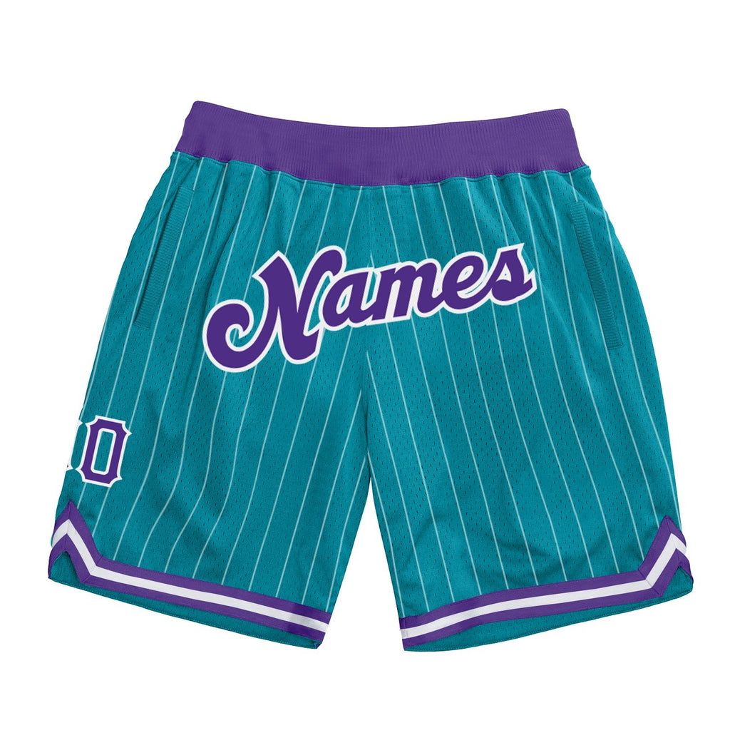 Custom Teal White Pinstripe Purple-White Authentic Basketball Shorts photo 1