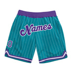 Custom Teal White Pinstripe Purple-White Authentic Basketball Shorts photo 1
