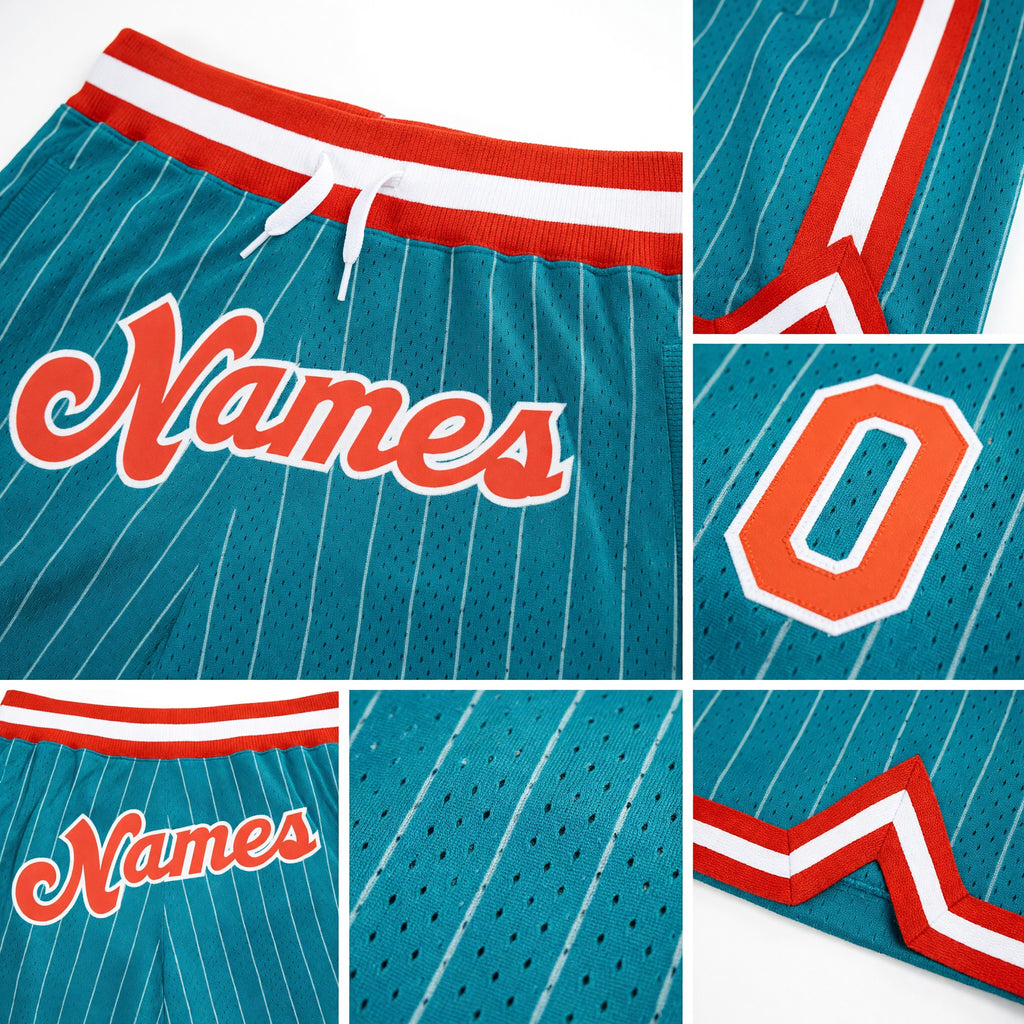 Custom Teal White Pinstripe Orange-White Authentic Basketball Shorts detail