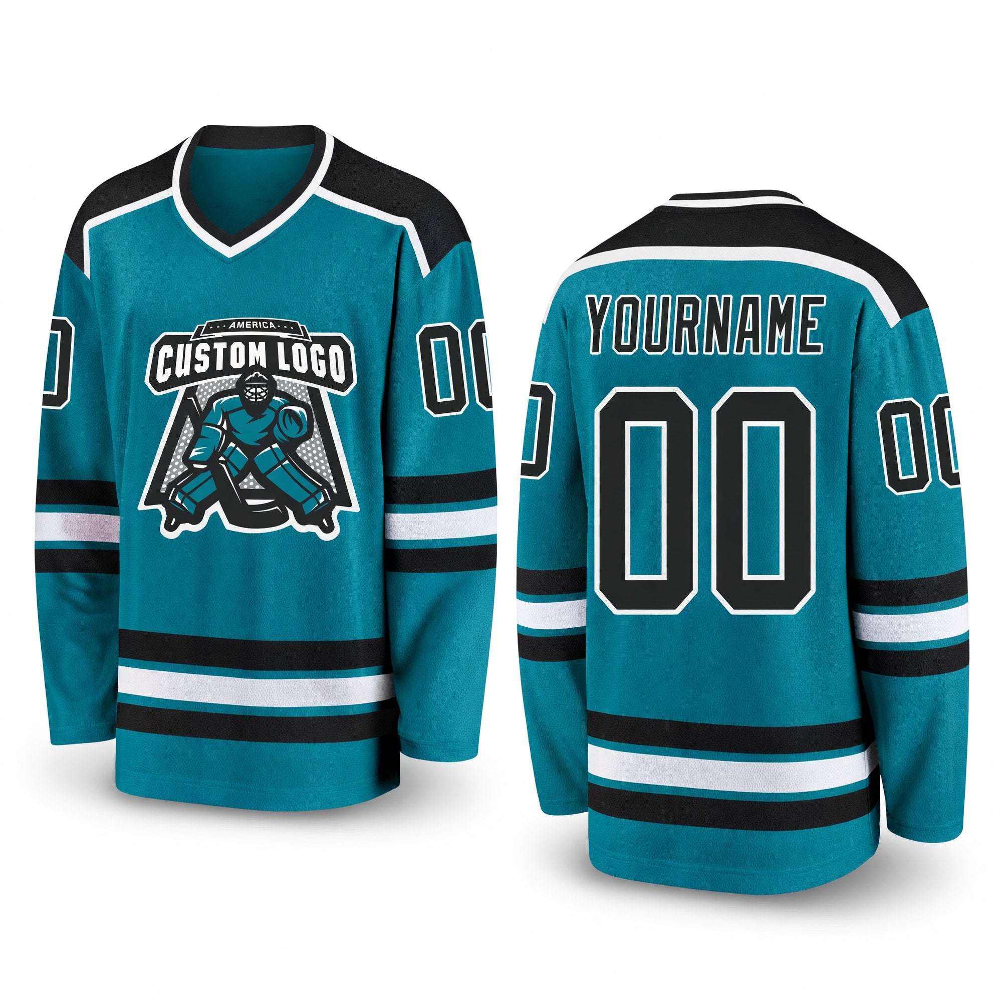 Custom Teal Black-White Hockey Jersey