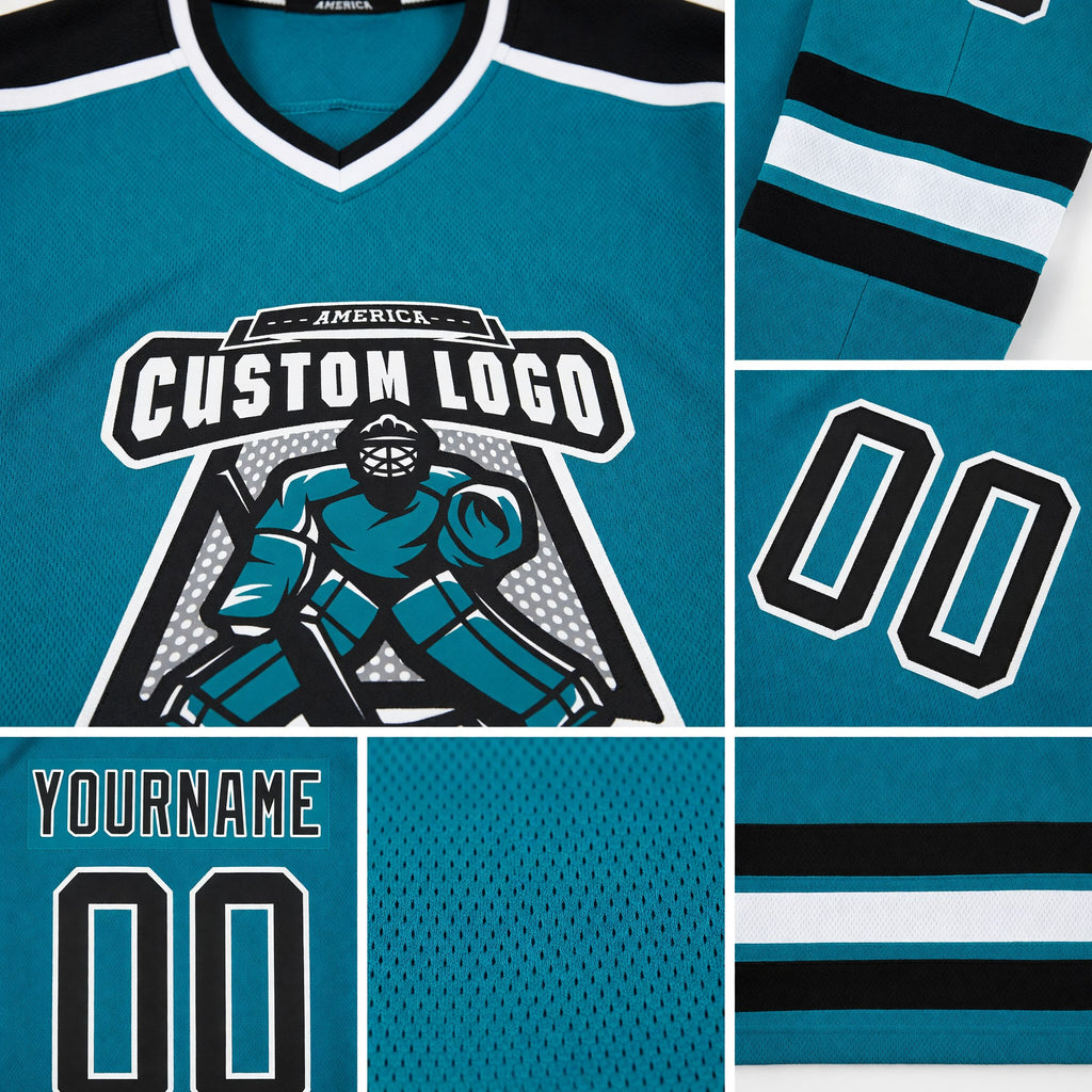 Custom Teal Black-White Hockey Jersey detail