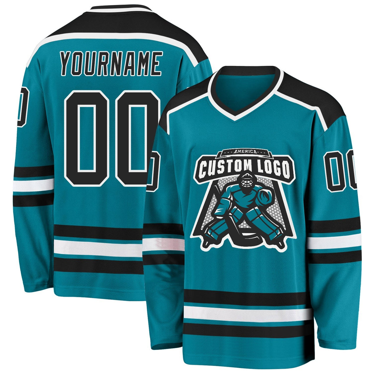 Custom Teal Black-White Hockey Jersey photo 1