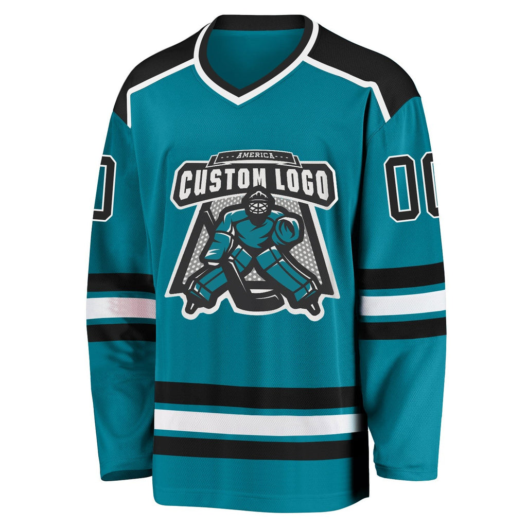 Custom Teal Black-White Hockey Jersey photo 2