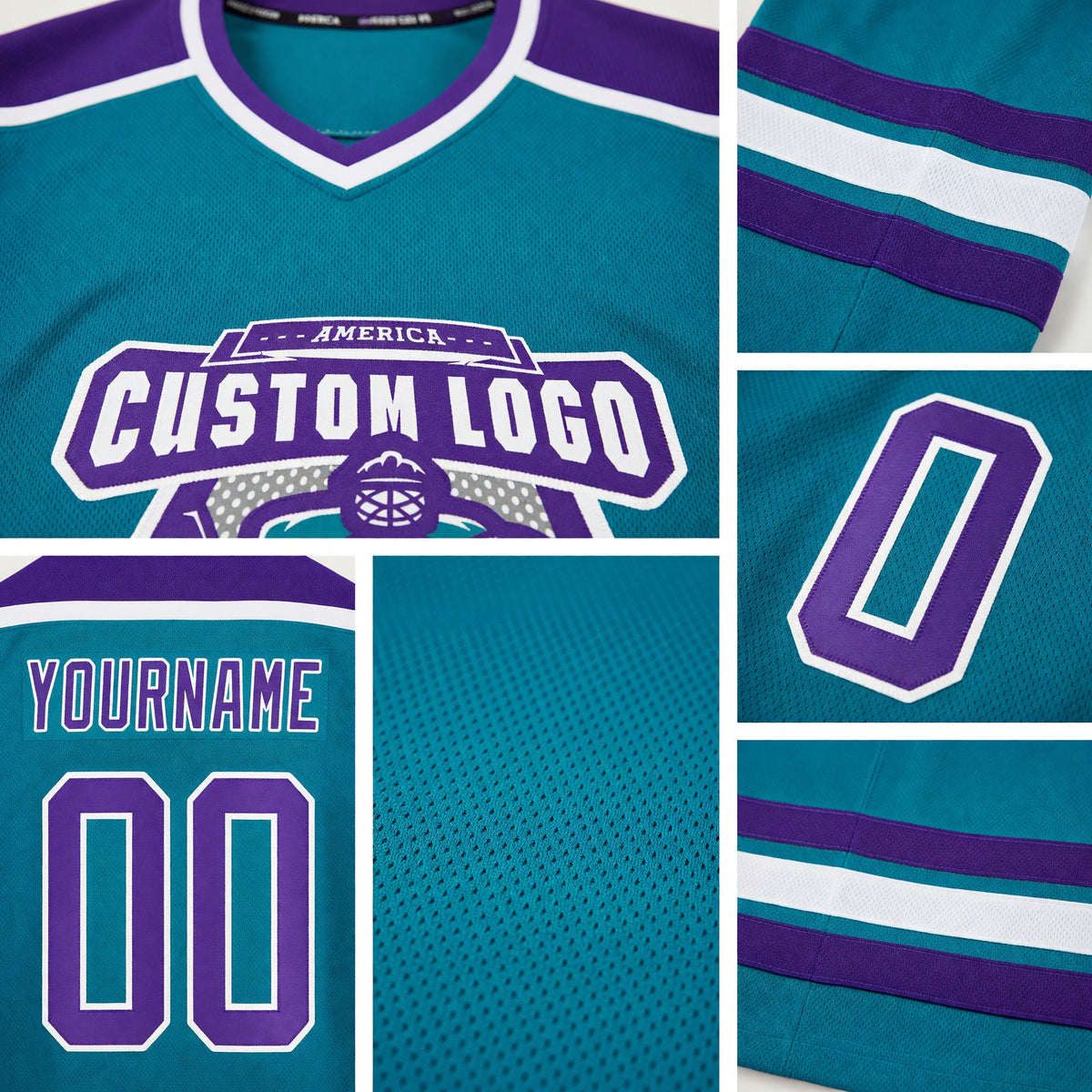 Custom Teal Purple-White Hockey Jersey detail