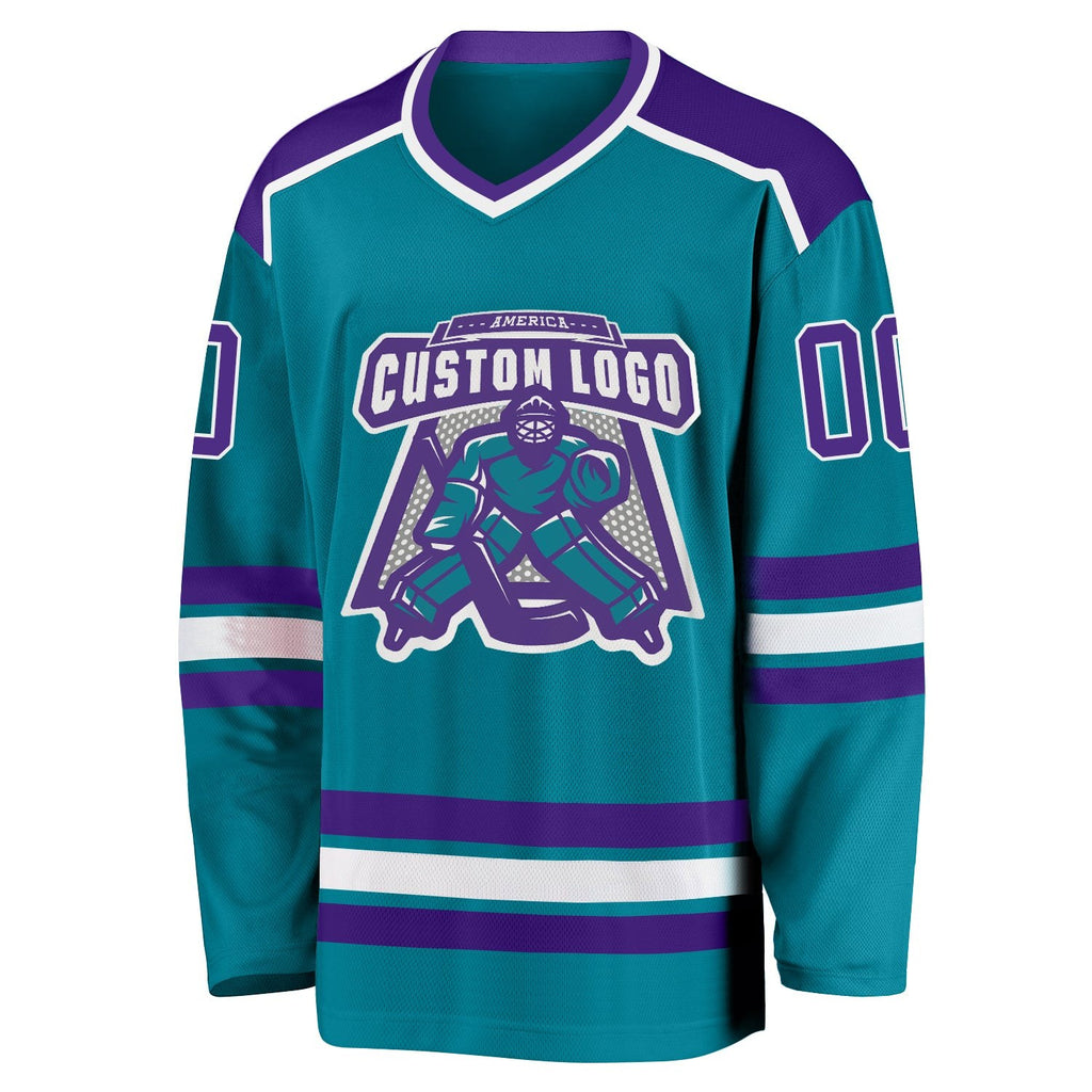 Custom Teal Purple-White Hockey Jersey photo 2