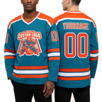 Custom Teal Orange-White Hockey Jersey worn front and back