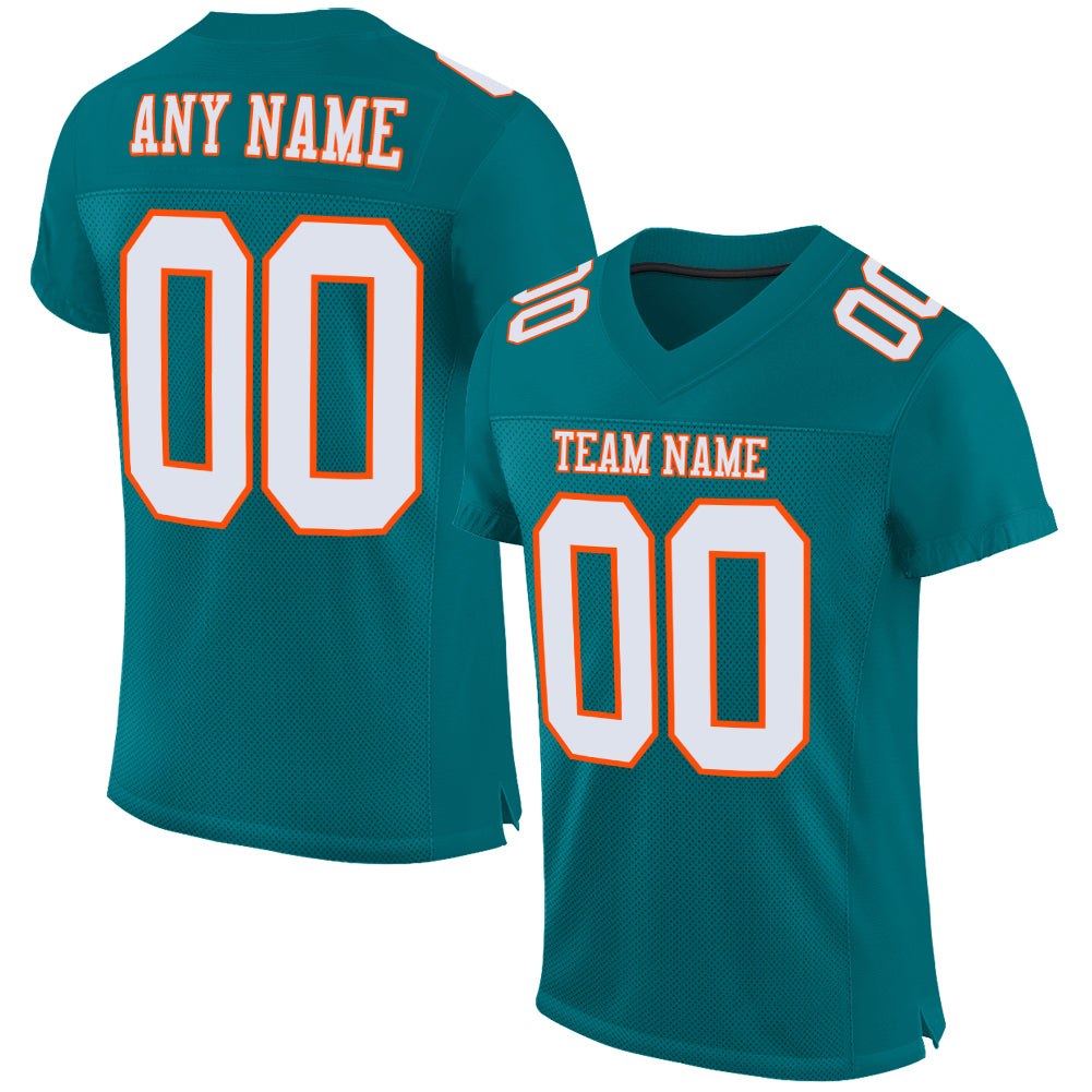 Custom Teal White-Orange Mesh Authentic Football Jersey photo 1