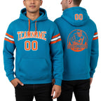 Custom Stitched Teal Orange-White Football Pullover Sweatshirt Hoodie worn front and back
