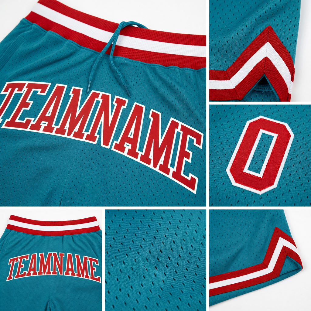 Custom Teal Red-White Authentic Throwback Basketball Shorts detail