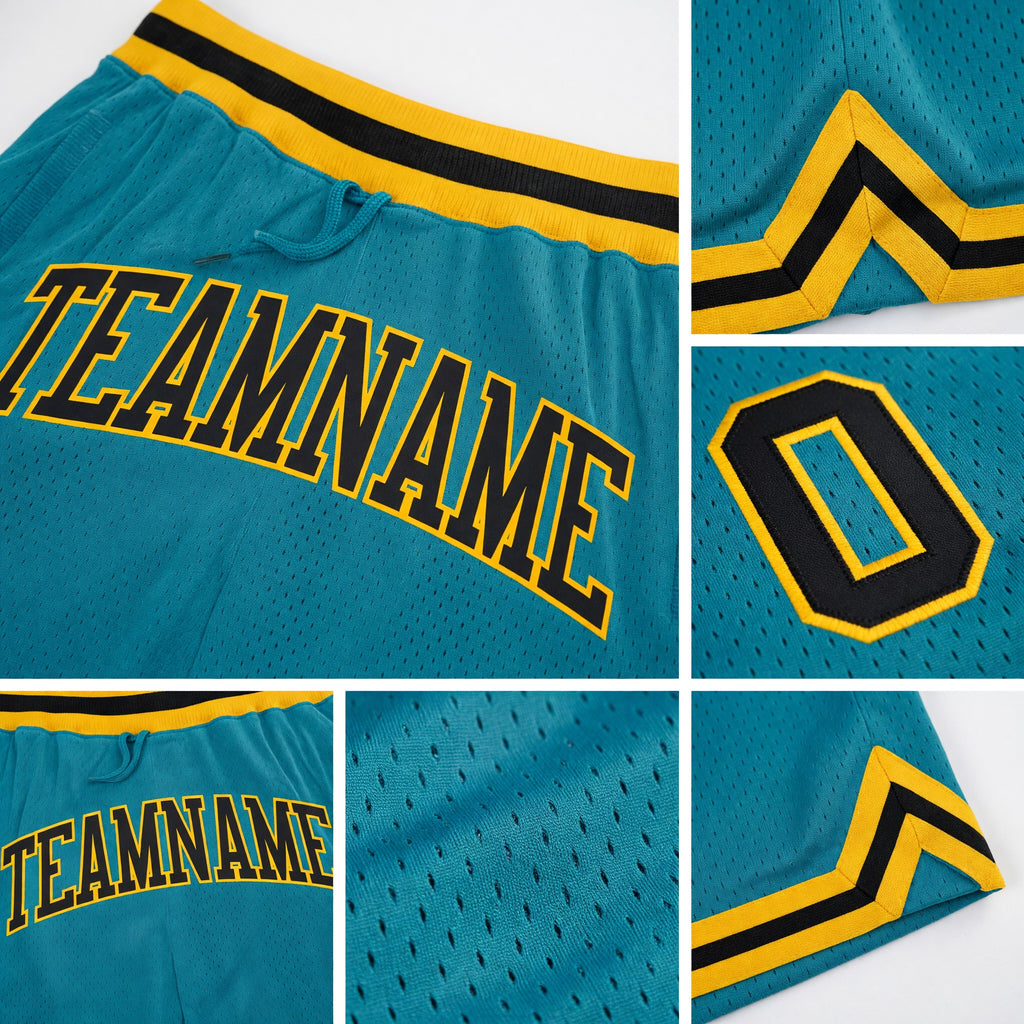 Custom Teal Black-Gold Authentic Throwback Basketball Shorts detail