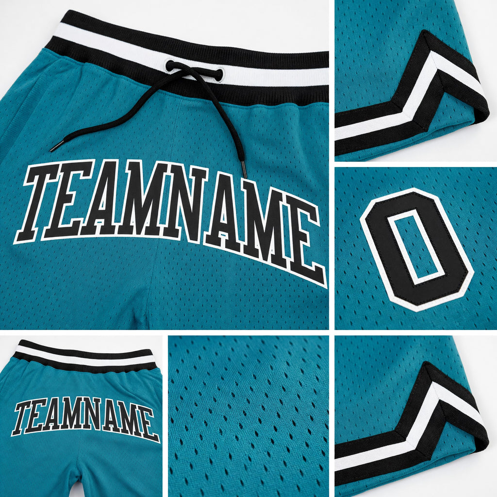 Custom Teal Black-White Authentic Throwback Basketball Shorts detail