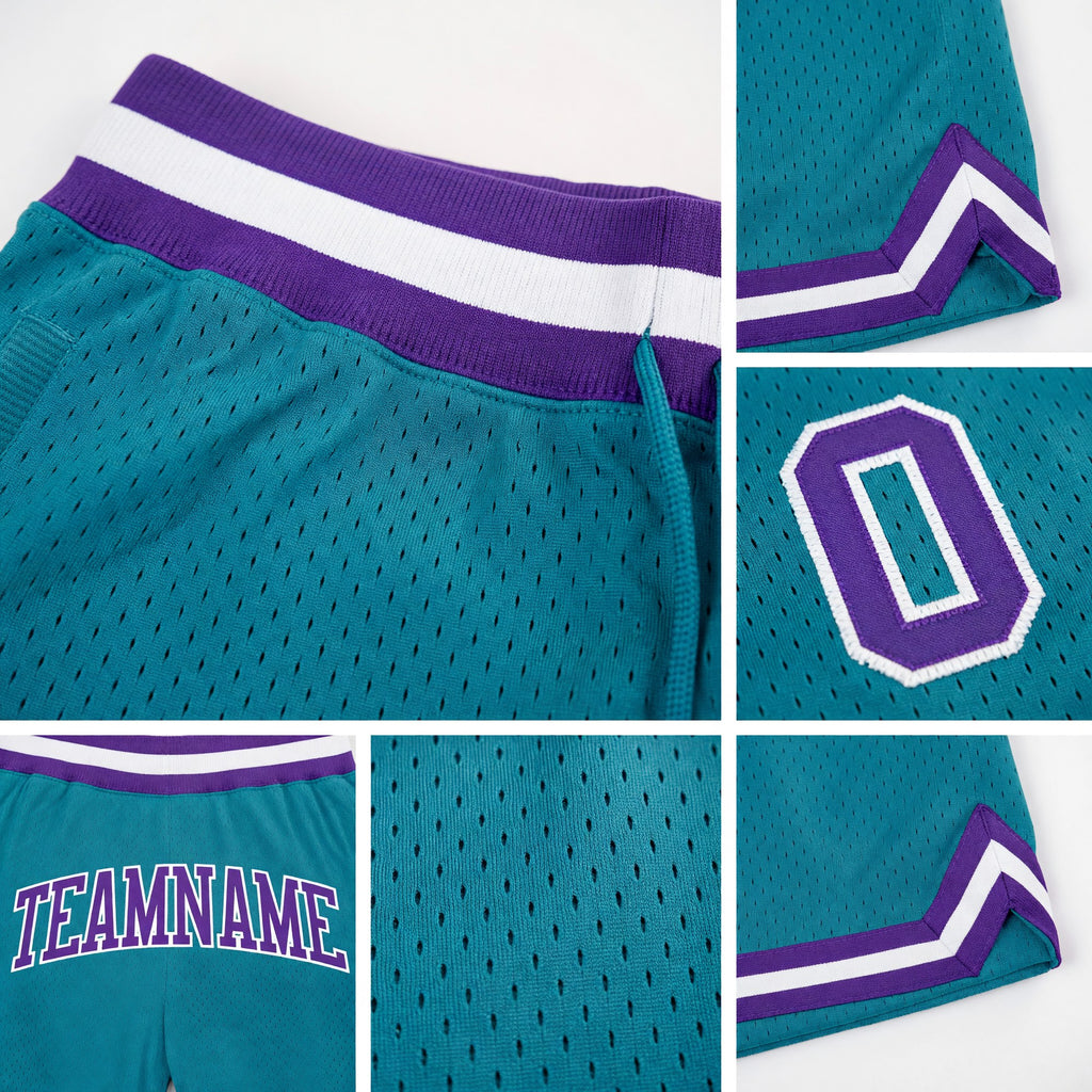 Custom Teal Purple-White Authentic Throwback Basketball Shorts detail