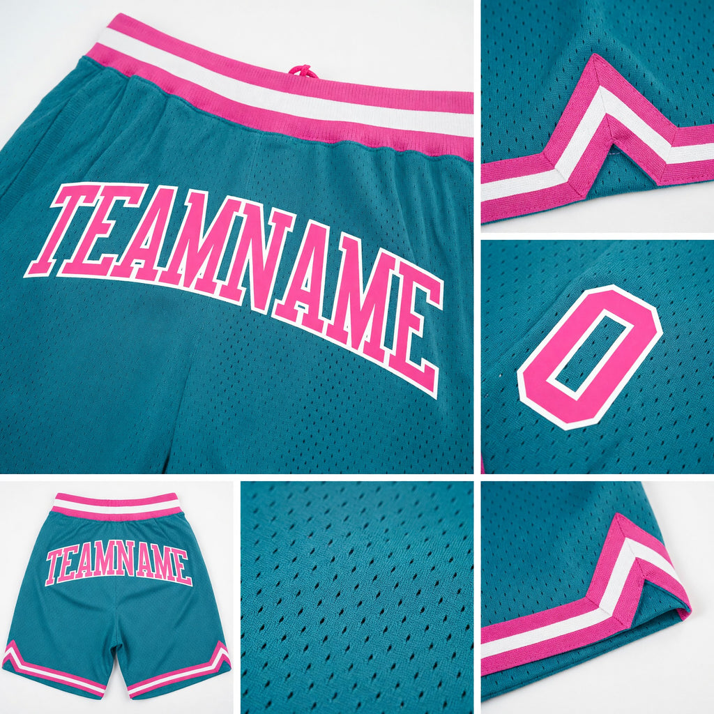 Custom Teal Pink-White Authentic Throwback Basketball Shorts detail