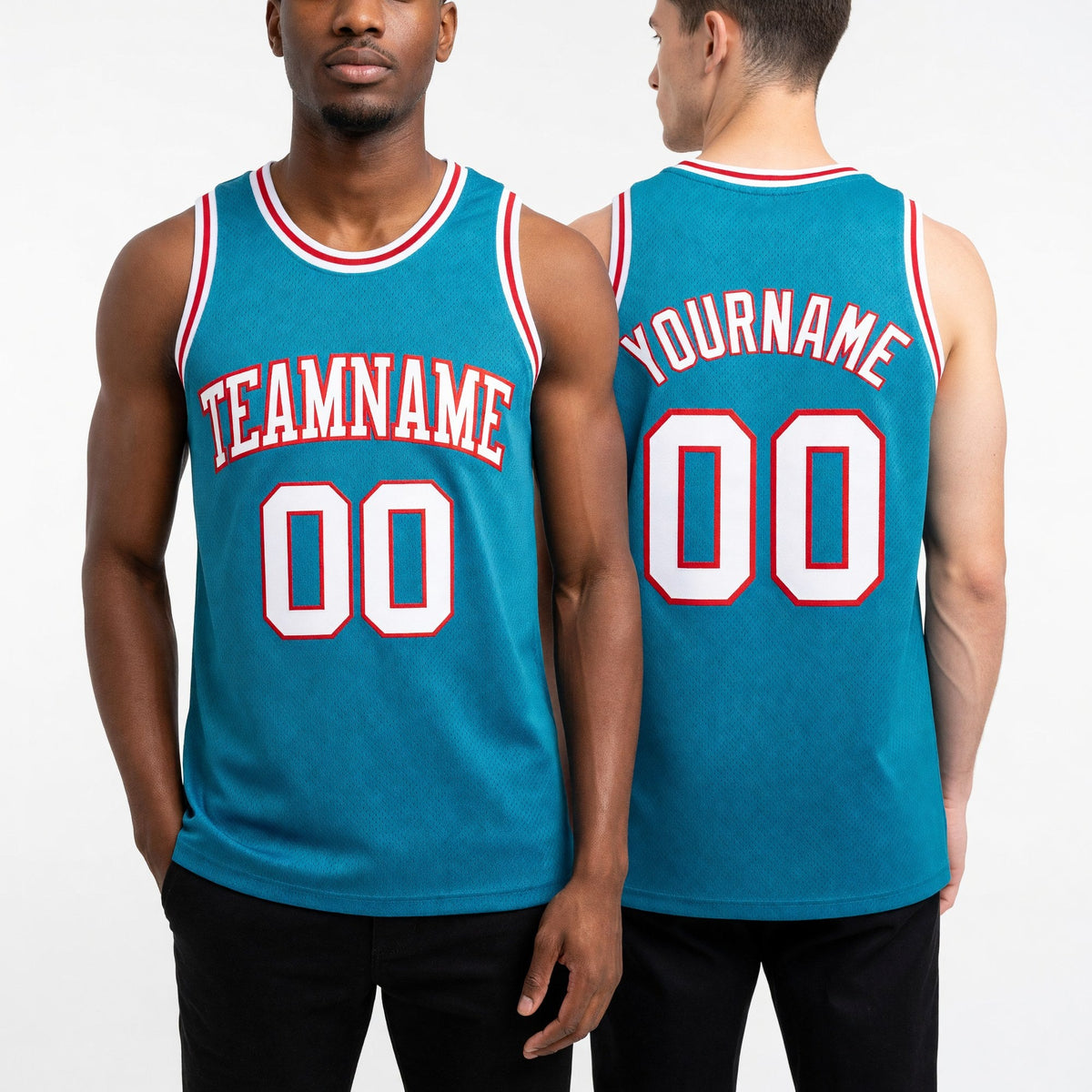Custom Teal White-Red Authentic Throwback Basketball Jersey worn front and back