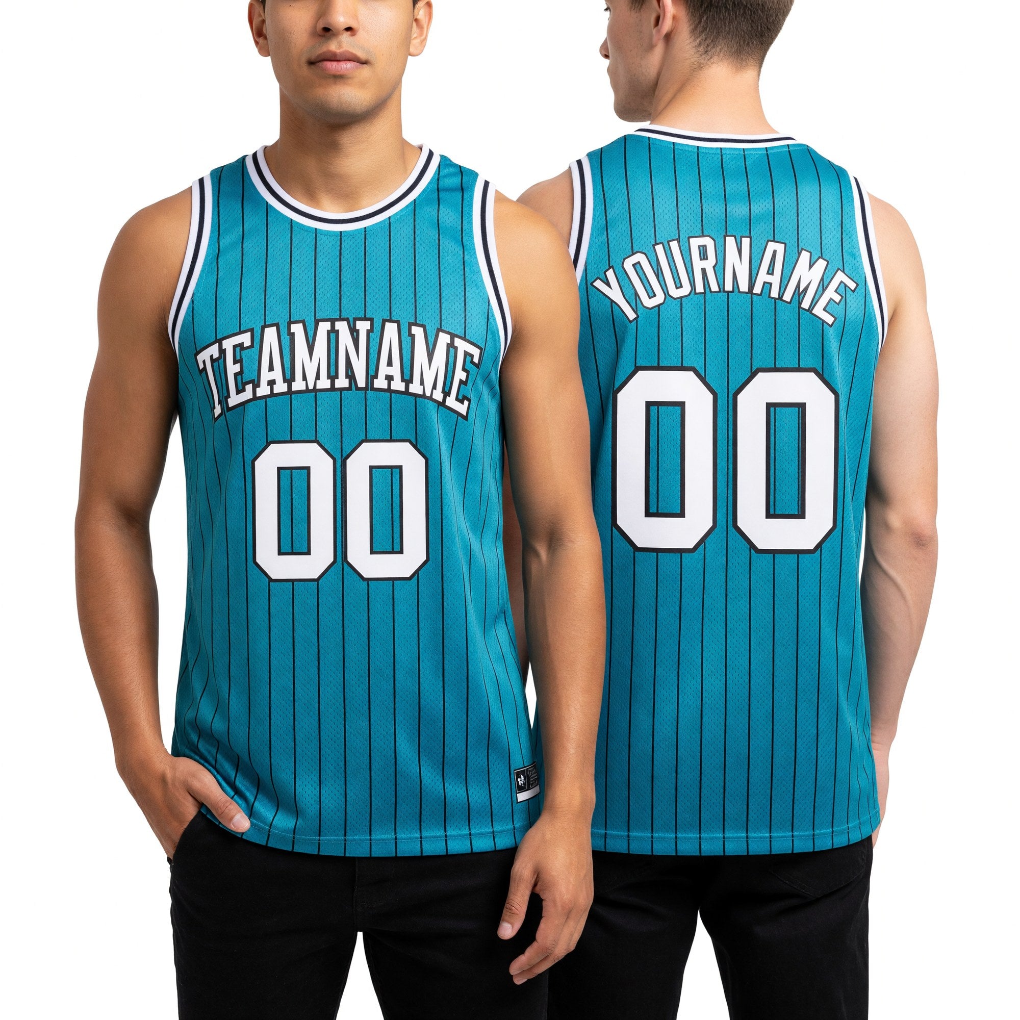 Custom Teal White Pinstripe White-Black Authentic Basketball Jersey worn front and back