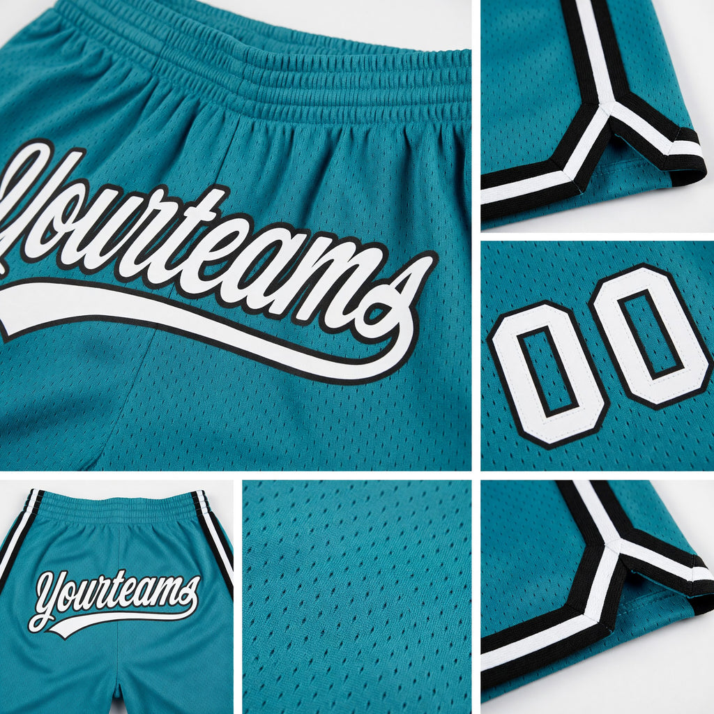 Custom Teal White-Black Authentic Throwback Basketball Shorts detail