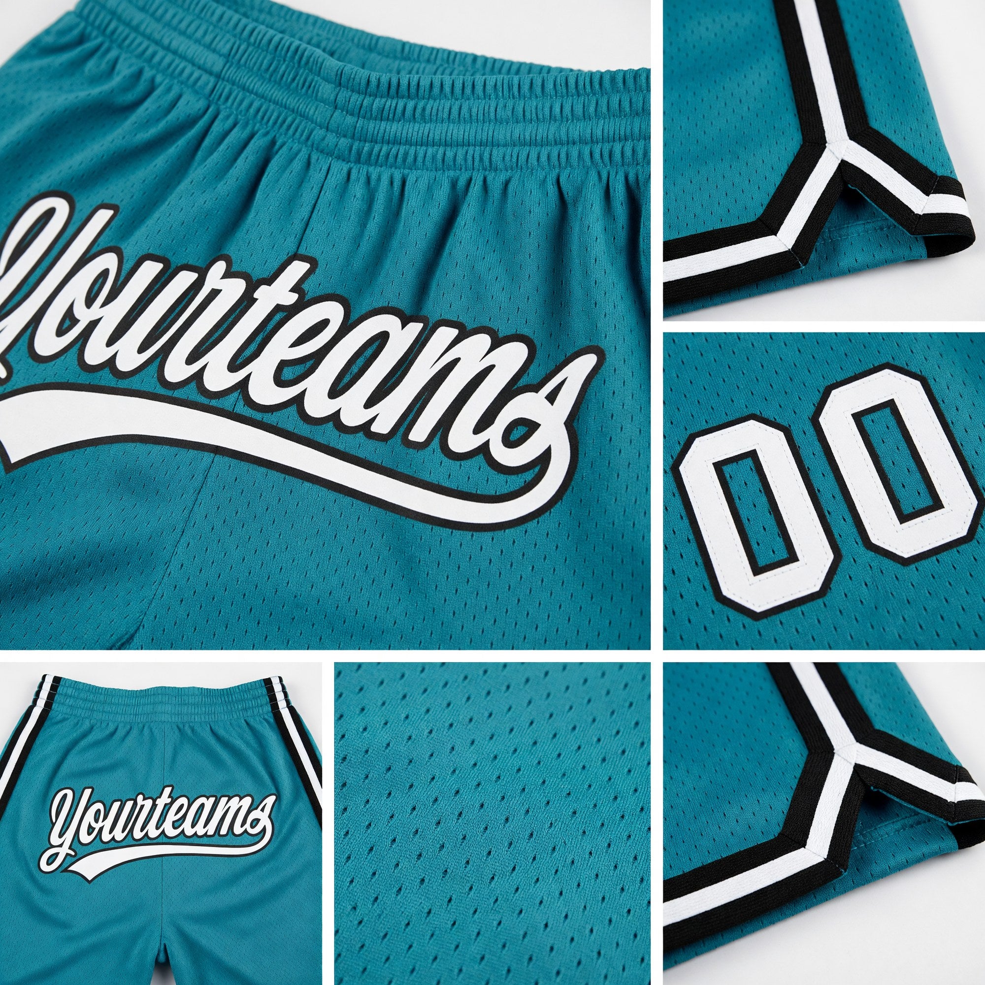 Custom Teal White-Black Authentic Throwback Basketball Shorts detail