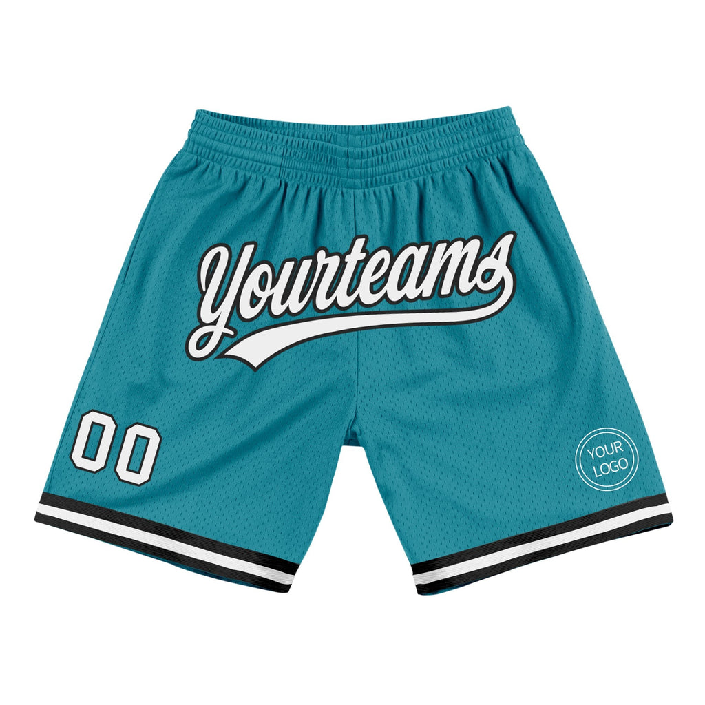 Custom Teal White-Black Authentic Throwback Basketball Shorts photo 1