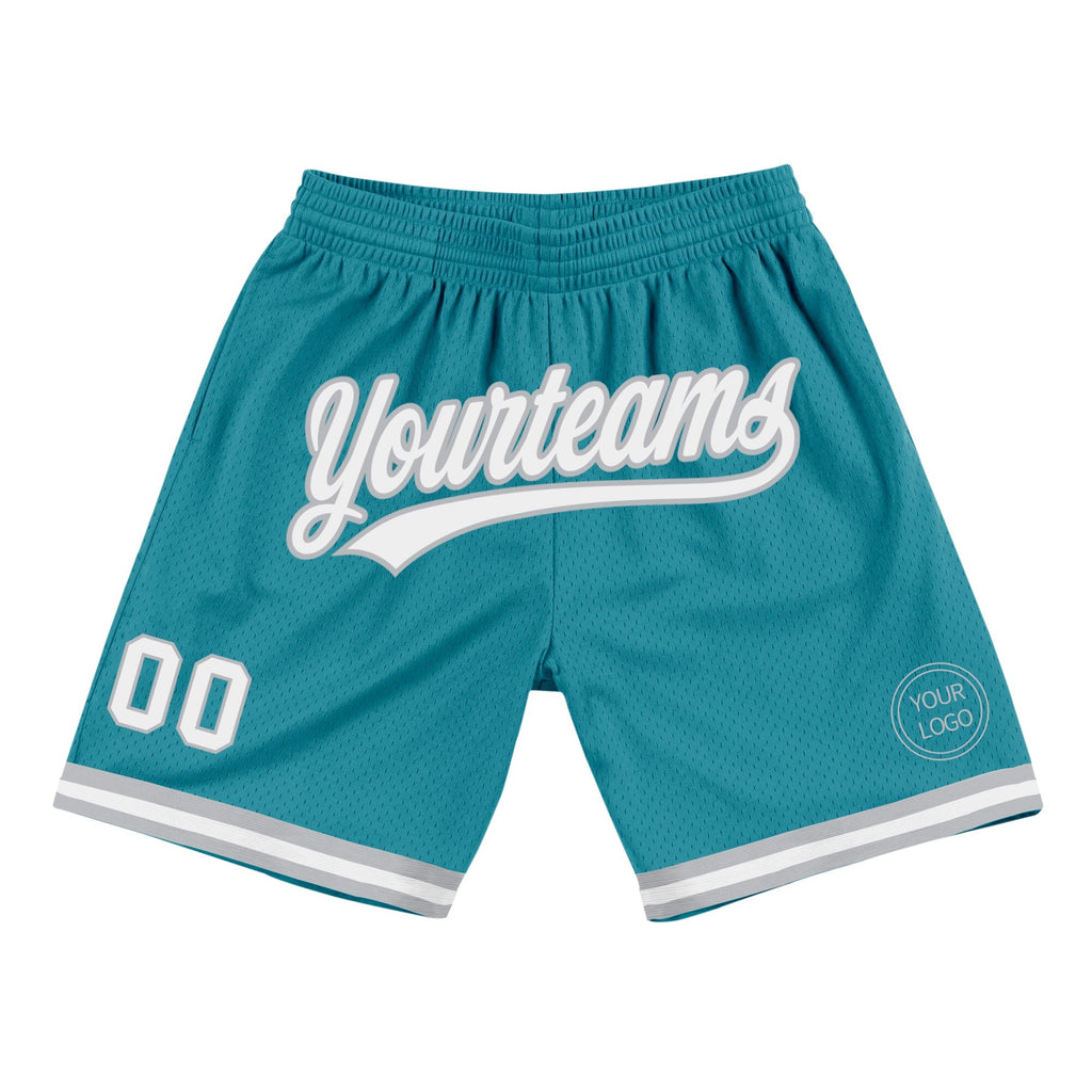 Custom Teal White-Gray Authentic Throwback Basketball Shorts photo 1