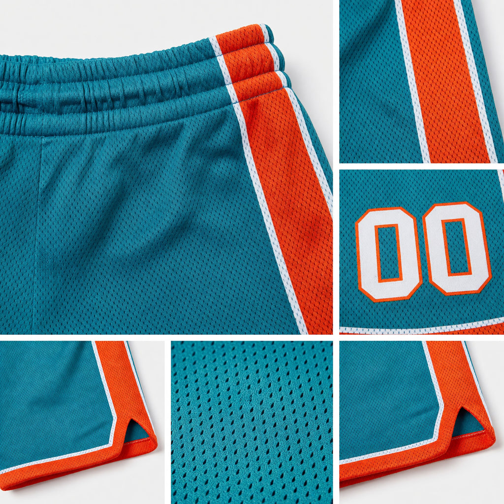 Custom Teal White-Orange Authentic Basketball Shorts detail