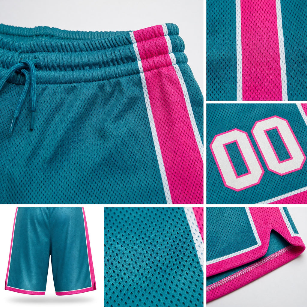 Custom Teal White-Pink Authentic Basketball Shorts detail