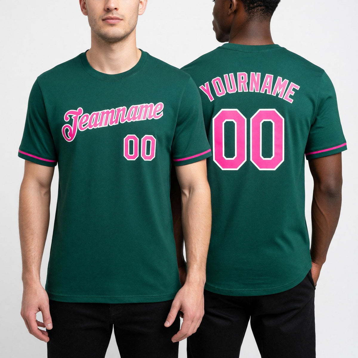 Custom Teal Pink-White Performance T-Shirt worn front and back