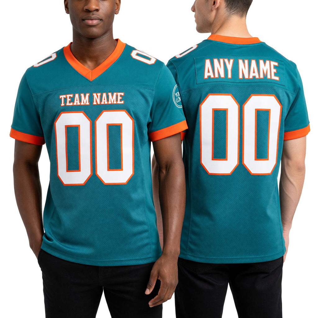 Custom Teal White-Orange Mesh Authentic Football Jersey worn front and back