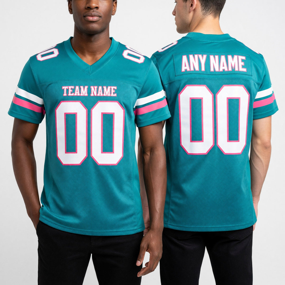 Custom Teal White-Pink Mesh Authentic Football Jersey worn front and back