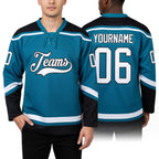 Custom Teal White-Black Hockey Lace Neck Jersey worn front and back