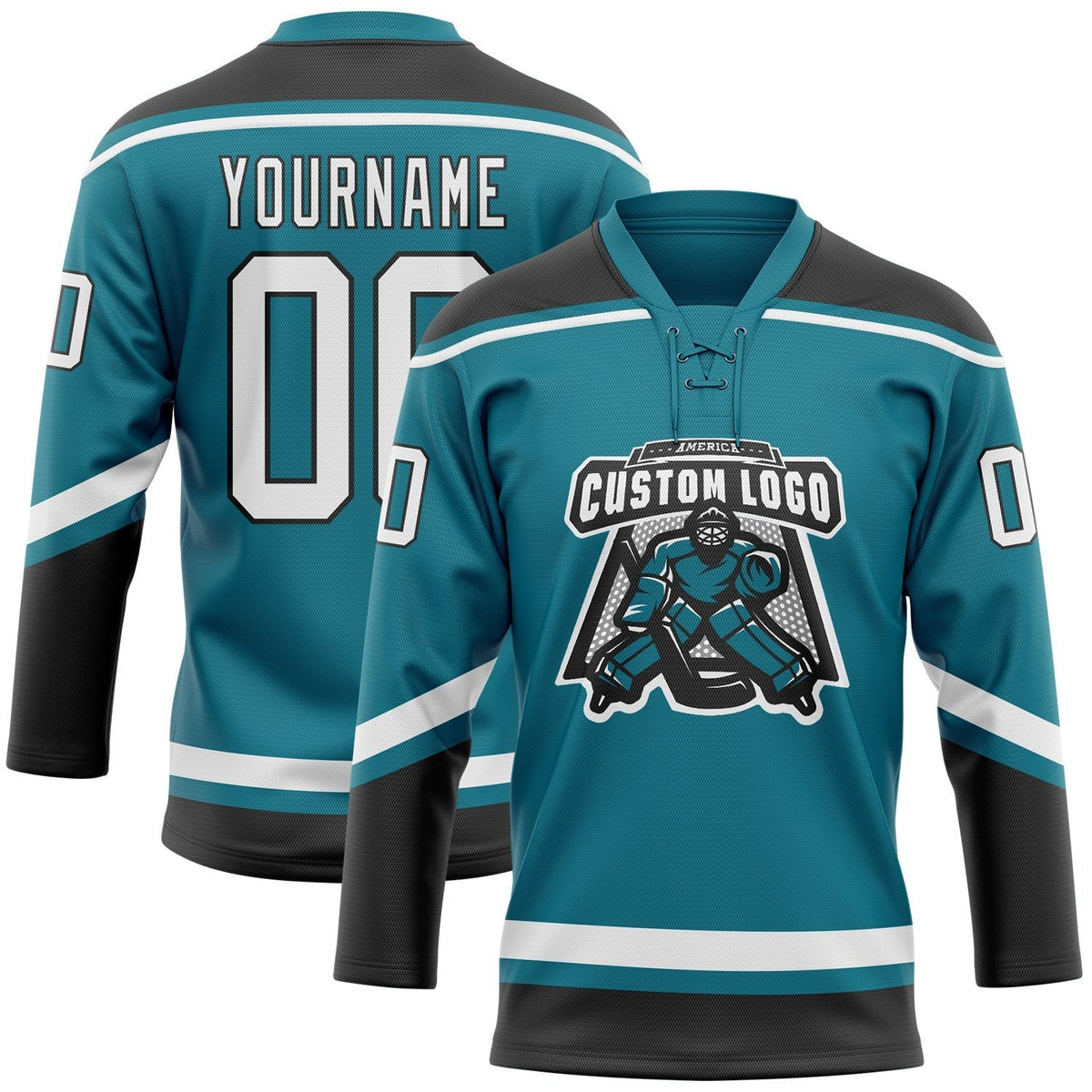 Custom Teal White-Black Hockey Lace Neck Jersey photo 2