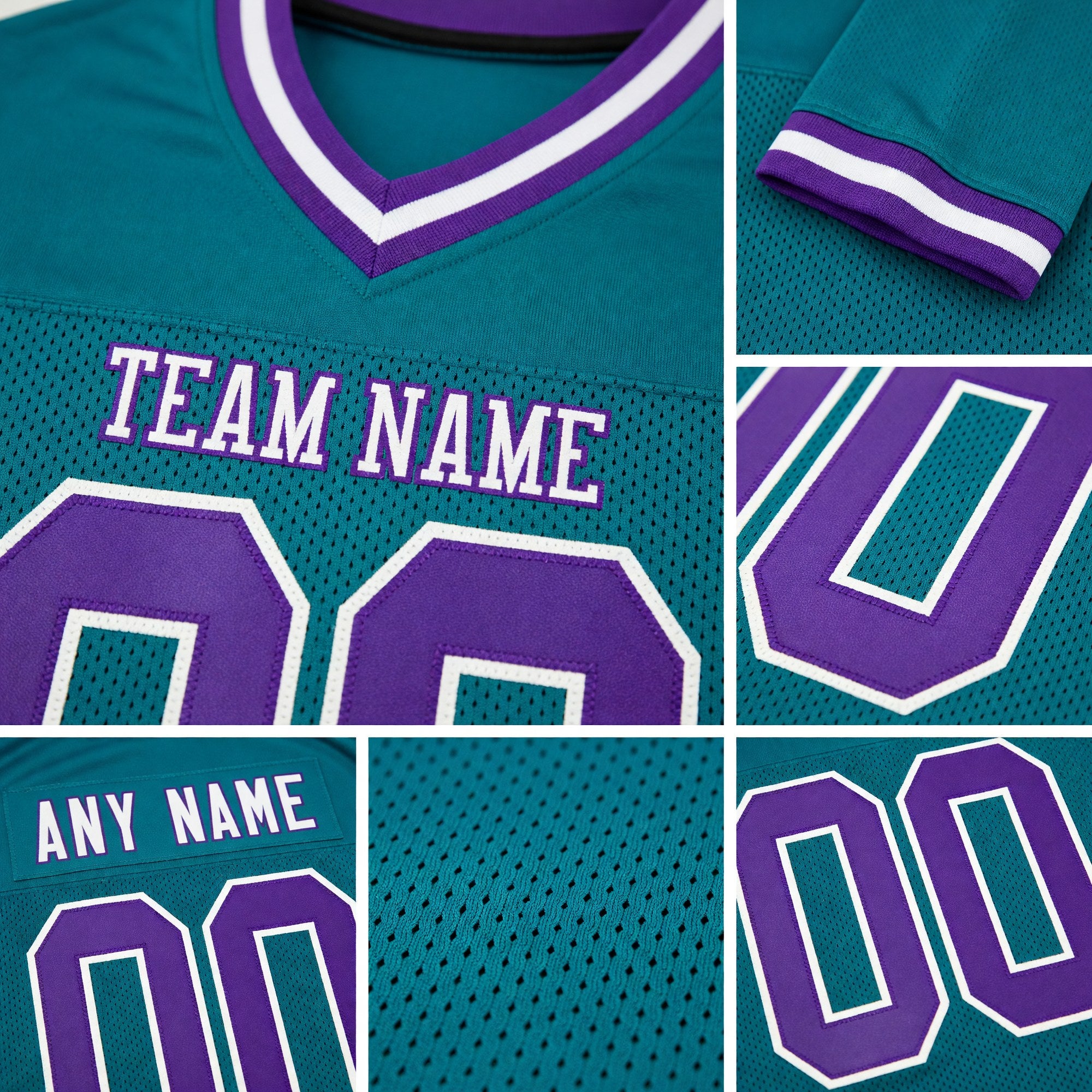 Custom Teal Purple-White Mesh Authentic Throwback Football Jersey detail