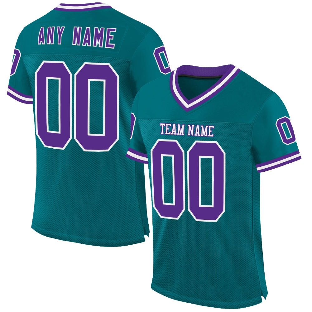 Custom Teal Purple-White Mesh Authentic Throwback Football Jersey photo 1