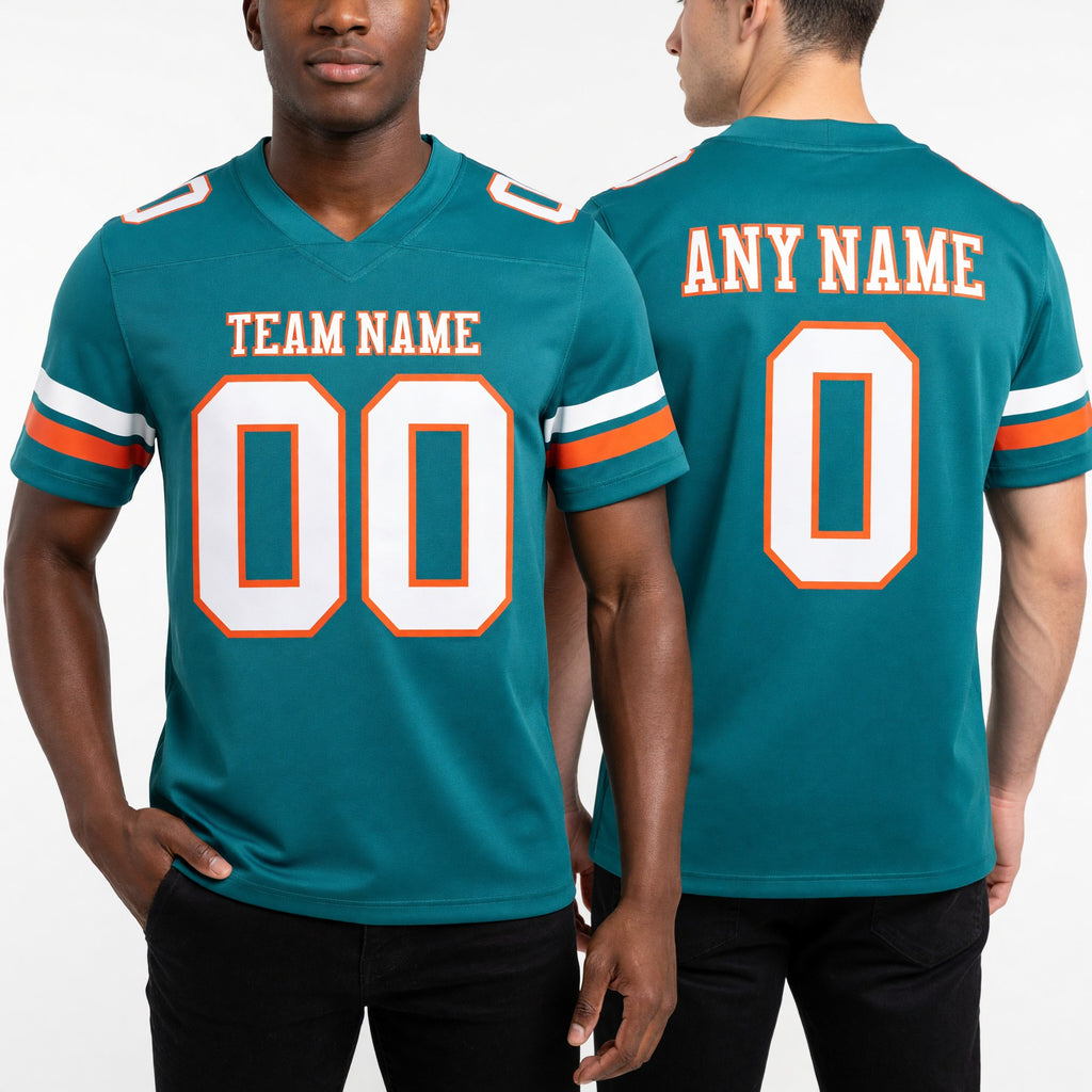 Custom Teal White-Orange Authentic Football Jersey worn front and back