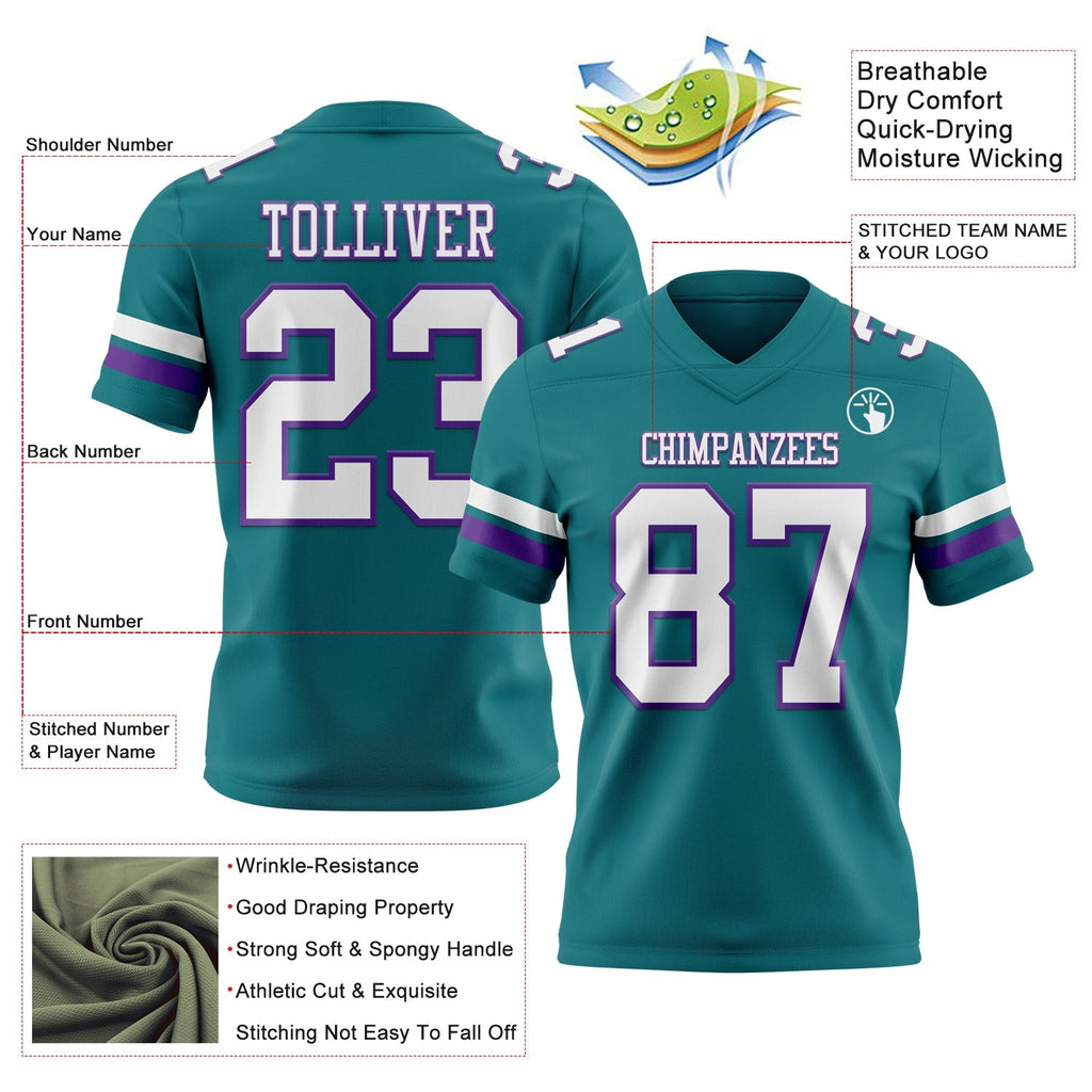 Custom Teal White-Purple Authentic Football Jersey photo 3