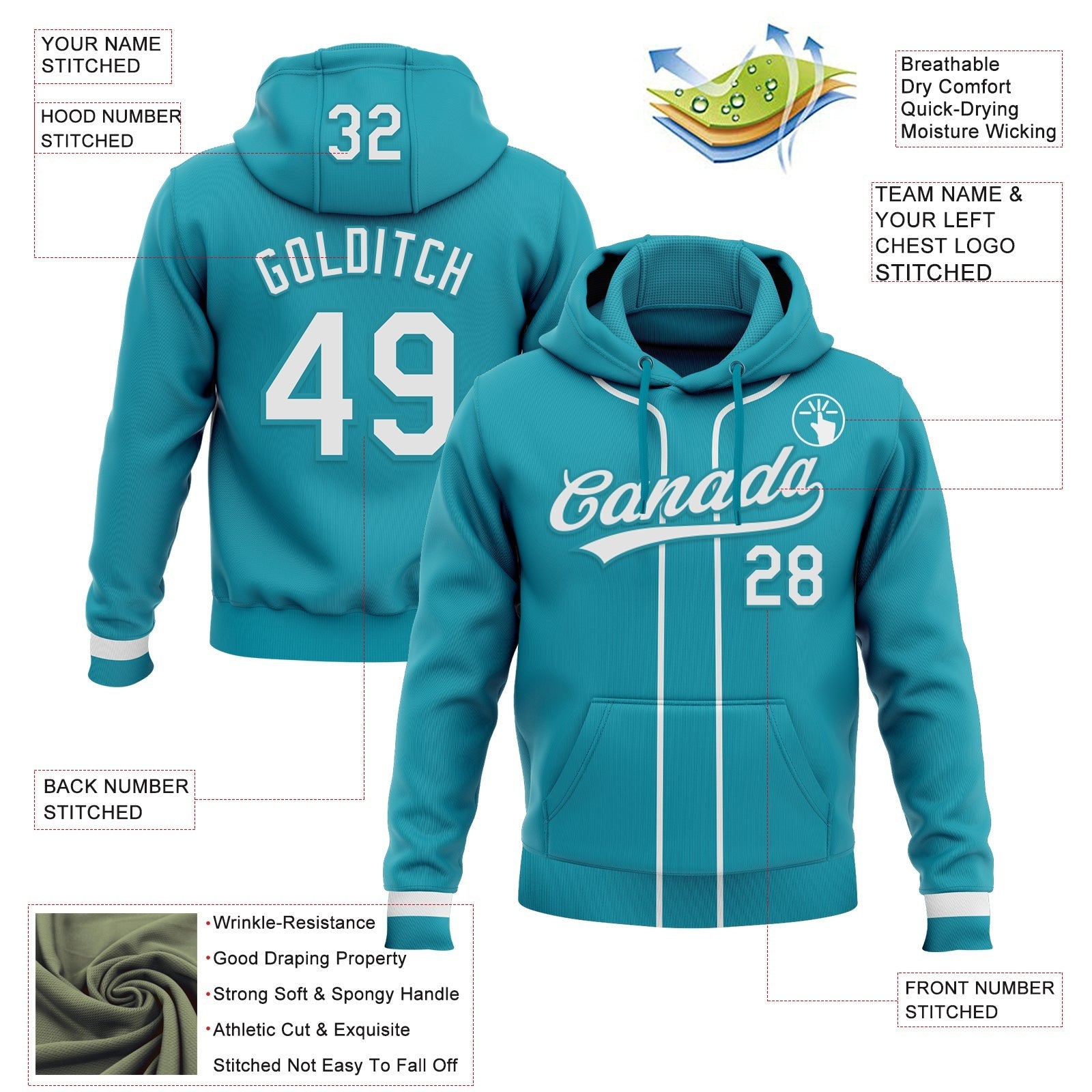 Custom Stitched Teal White-Teal Baseball Pullover Sweatshirt Hoodie photo 2