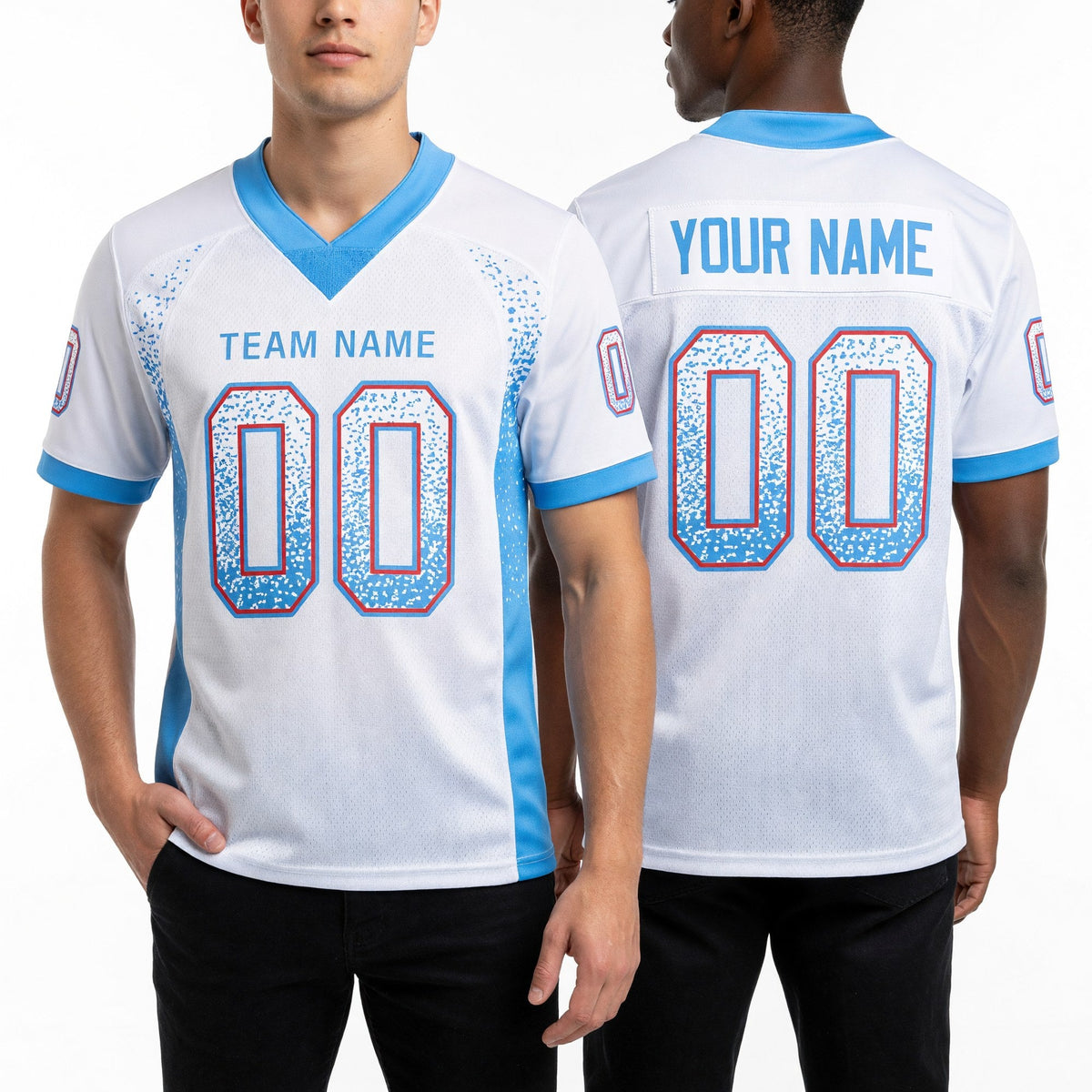 Custom White Powder Blue-Red Drift Fashion Football Jersey worn front and back