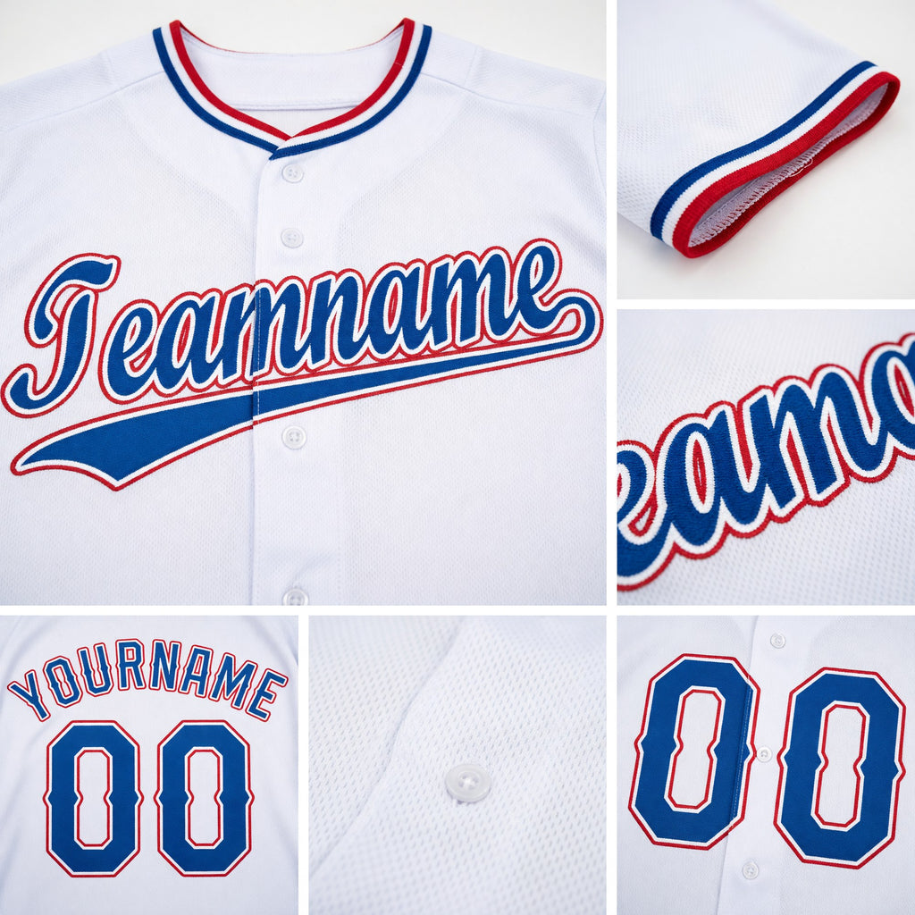 Custom White Royal-Red Baseball Jersey detail