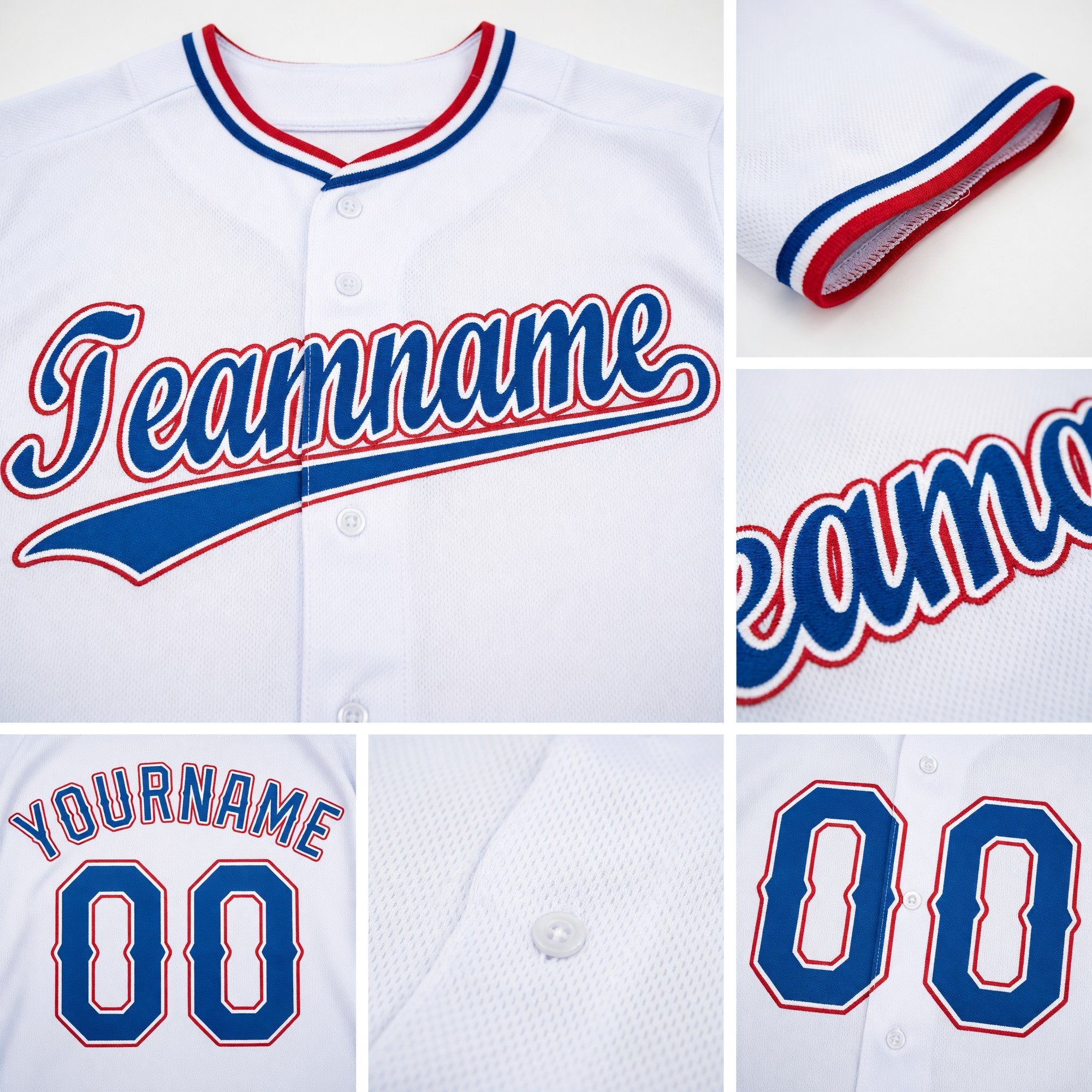 Custom White Royal-Red Baseball Jersey detail