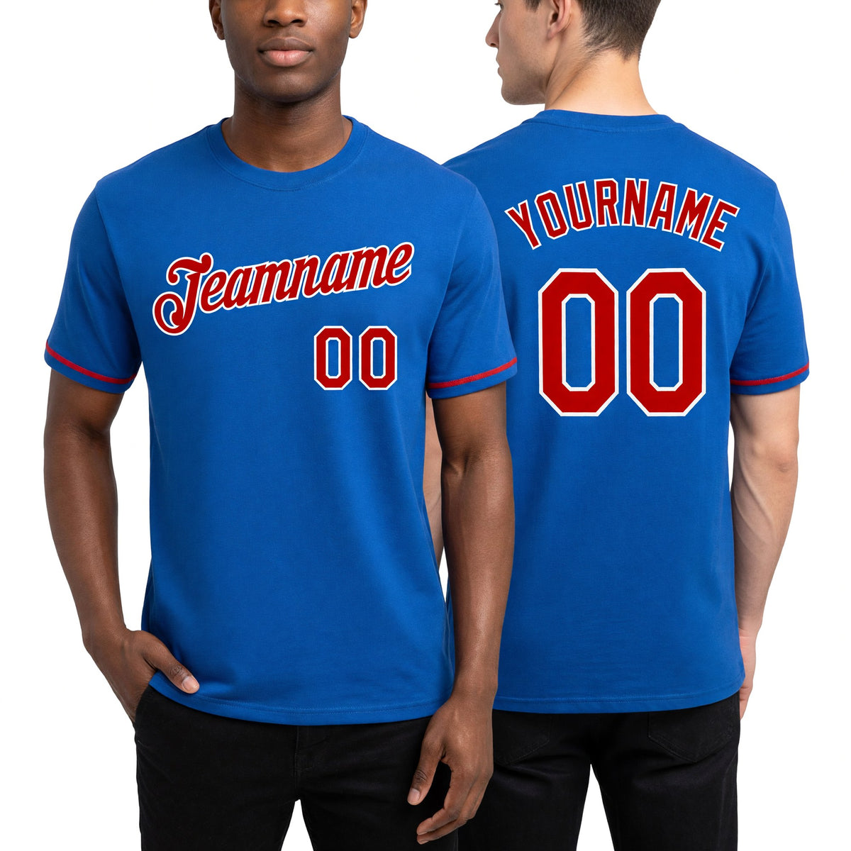 Custom Thunder Blue Red-White Performance T-Shirt worn front and back