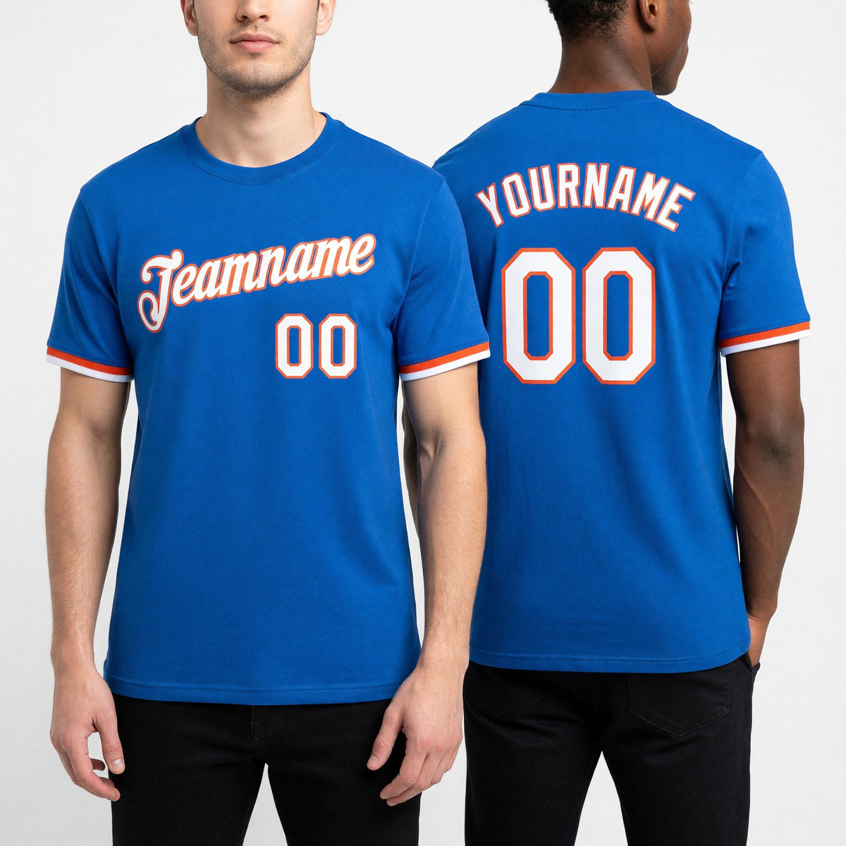 Custom Thunder Blue White-Orange Performance T-Shirt worn front and back