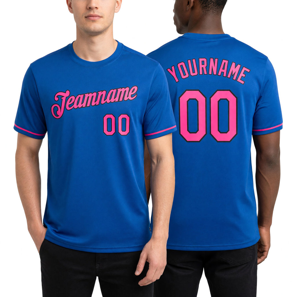 Custom Thunder Blue Pink-Black Performance T-Shirt worn front and back