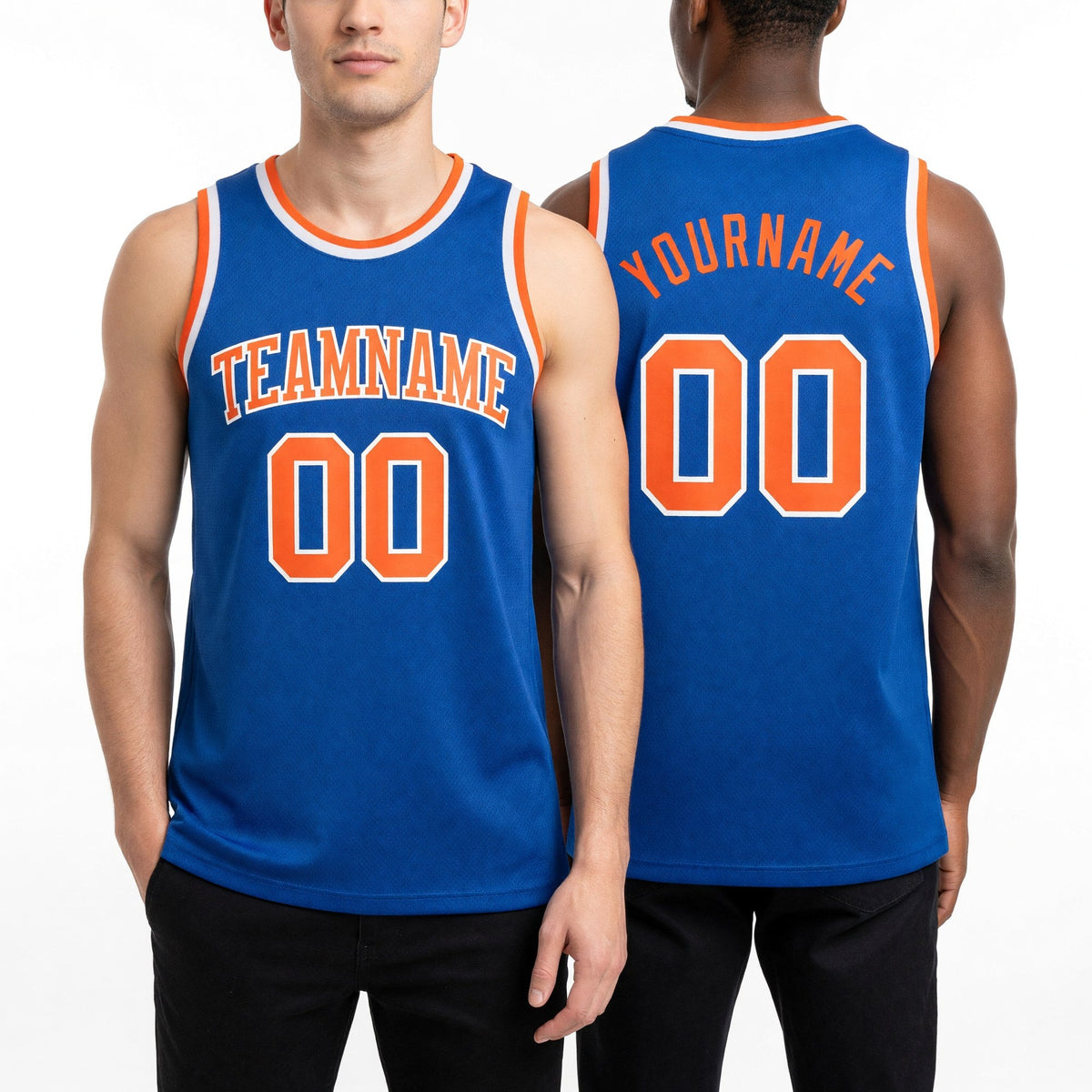 Custom Thunder Blue Orange-White Authentic Basketball Jersey worn front and back