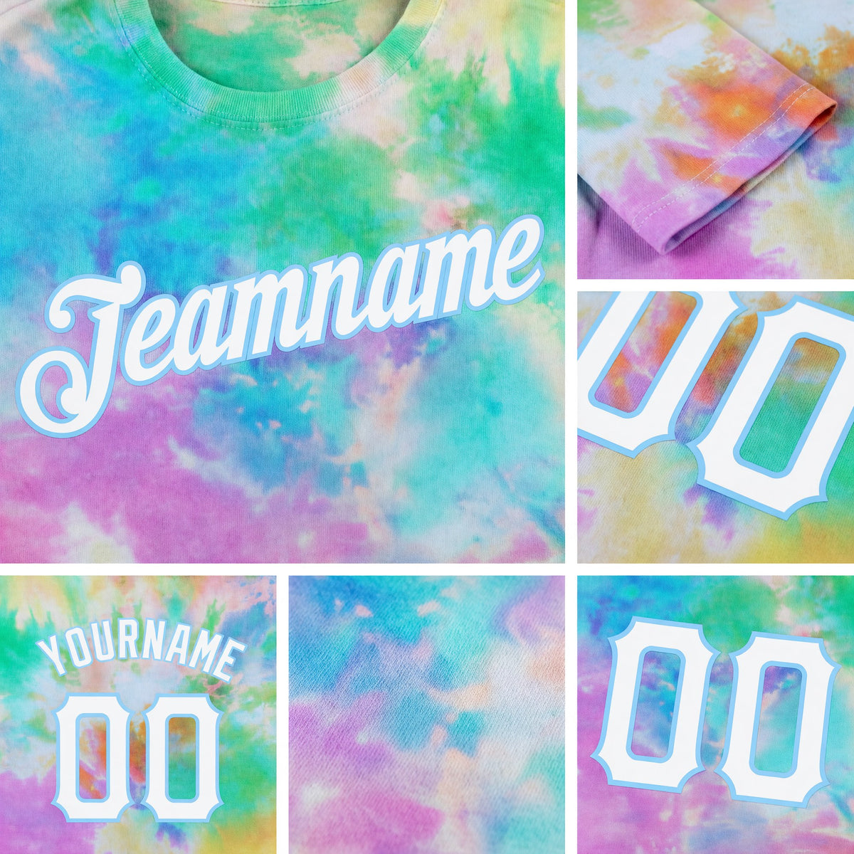 Custom Tie Dye White-Light Blue 3D Performance T-Shirt detail