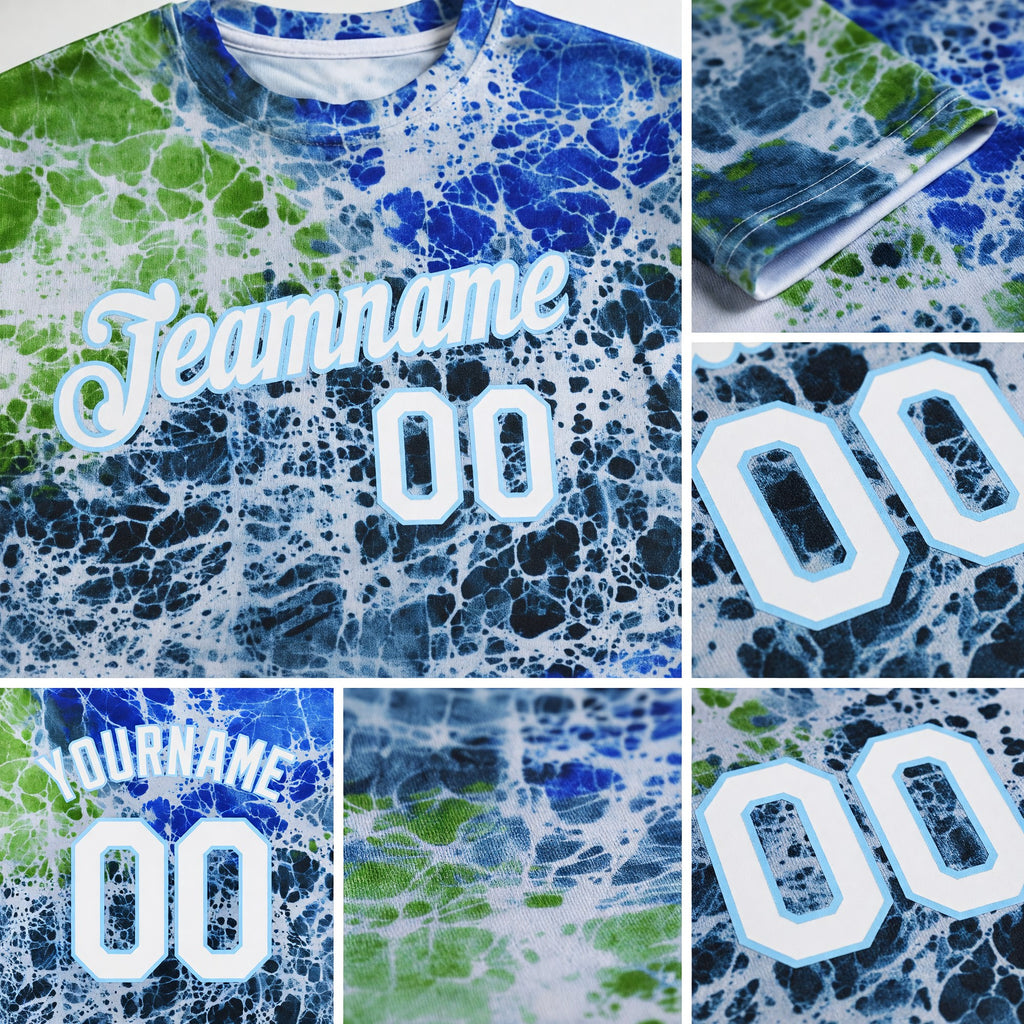 Custom Tie Dye White-Light Blue 3D Performance T-Shirt detail