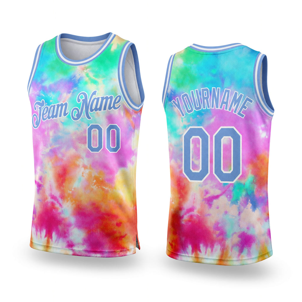 Custom Tie Dye Light Blue-White 3D Authentic Basketball Jersey