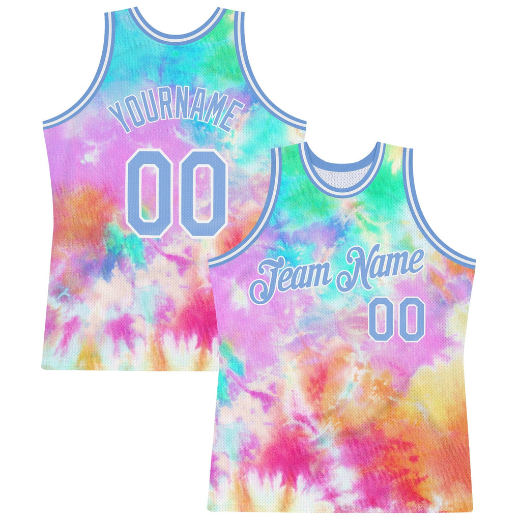 Custom Tie Dye Light Blue-White 3D Authentic Basketball Jersey photo 1